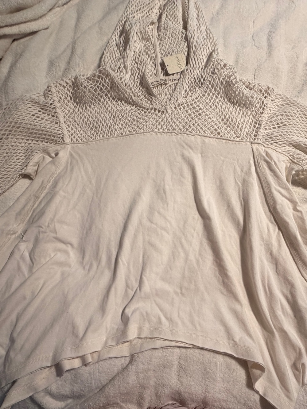Free People Off-White Women's Open-Knit Hooded Pullover in Cream